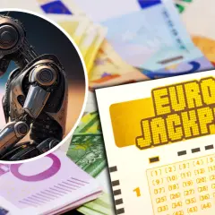 Robot myślący nad kuponem Eurojackpot i banknotami euro.