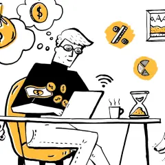 Człowiek myśli o pieniądzach, siedząc przy laptopie. Czy branie pożyczki tylko dla udziału w loterii wpływa na zdolność kredytową?