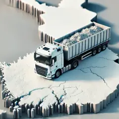 Biała ciężarówka z naczepą pełną materiału na tle mapy Finlandii. Odkrywamy sekrety transportu zwycięskich kul do studia losowań w Finlandii.