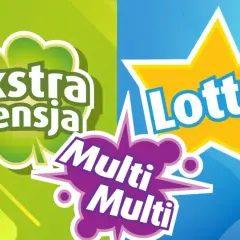 Logo Ekstra Pensja i Lotto z napisem Multi Multi. Kolorowe grafiki zachęcają do gry w multipasko mini lotto.
