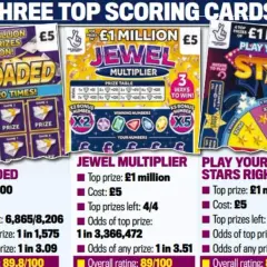 Trzy zdrapki: £500 Loaded, Jewel Multiplier, Play Your Stars Right.