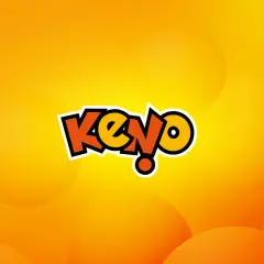 Kolorowa wizualizacja keno wyniki z logo gry na tle gradientu pomarańczowo-żółtego z okręgami.