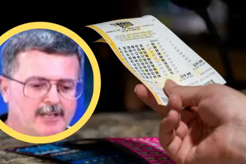 Mężczyzna z wąsami i okularami na tle kuponu lotto. Czy to wyjaśnia, dlaczego lottomilionerzy bankrutują w ciągu 5 lat od wygranej?