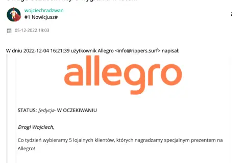 Ostrzeżenie: jak rozpoznać fałszywe maile o wygranej w loterii od zagranicznych agentów. Widoczny email od "rippers.surf" z logo Allegro, informujący o wygranej.
