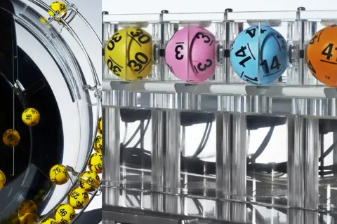 Losowanie liczb w lotto. Czy maszyny losujące lotto można zhakować lub zaprogramować wynik? Żółte kulki wirują w bębnie, a kolorowe w tubach.