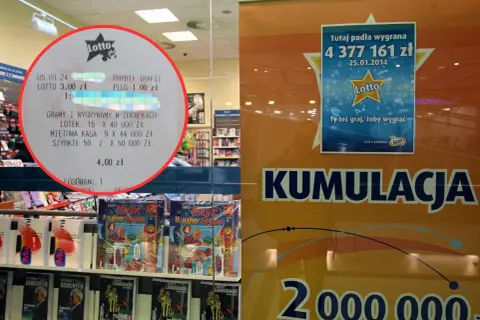 Paragon z gry Lotto i plakat o kumulacji 2 mln zł. W tle półki z książkami i grami, przypominające o największych skandalach z udziałem pracowników kolektur i kradzieży kuponów.