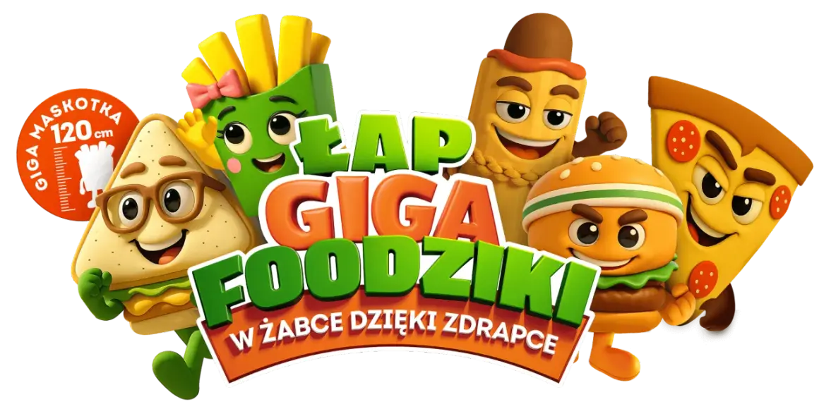 Wesołe postacie jedzenia, jak kanapka, frytki, hot dog, burger i pizza, zachęcają do zabawy. Dowiedz się, ile jest ważna zdrapka, by zdobyć Giga Foodziki w Żabce!