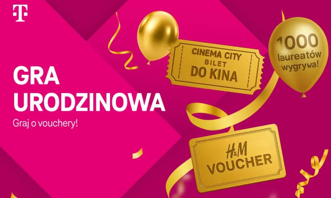 Gra urodzinowa T-Mobile: graj o vouchery H&M i bilety do kina. Nagrody rzeczowe w programie są sponsorowane.