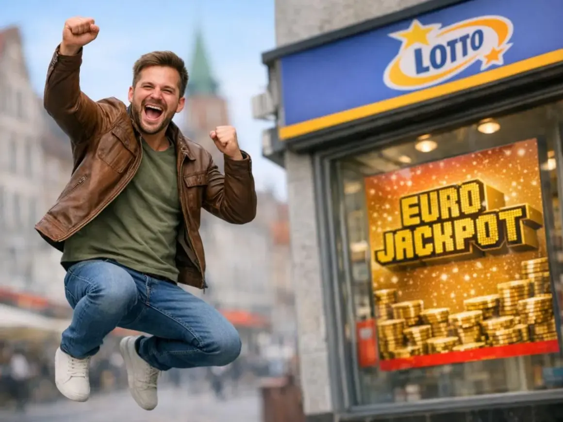 Szczęśliwy mężczyzna skacze z radości przed punktem Lotto. Reklama Eurojackpot informuje, dlaczego kumulacja Eurojackpot zatrzymuje się na 120 milionach euro.
