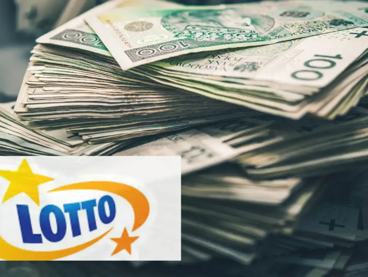 Stos banknotów symbolizuje marzenia o lotto wysokie wygrane. Logo Lotto z gwiazdkami sugeruje szansę na bogactwo.