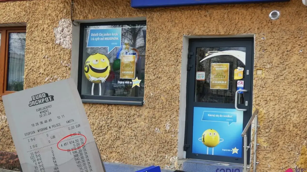 Czy kupony Eurojackpot kupione online mają mniejszą szansę na wygraną? Na zdjęciu paragon z wygraną i budynek kolektury.