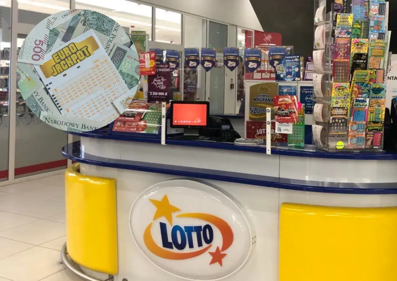Kupon Eurojackpot i banknoty symbolizują marzenia o lotto wysokie wygrane. Stoisko z grami losowymi i zdrapkami.