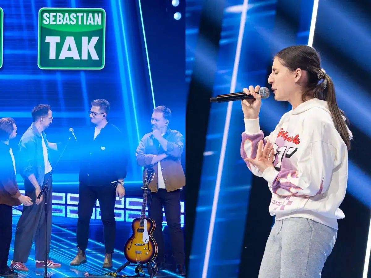 Na castingu do show, jak wyglądają testy muzyczne? Mężczyźni rozmawiają, a kobieta śpiewa do mikrofonu.