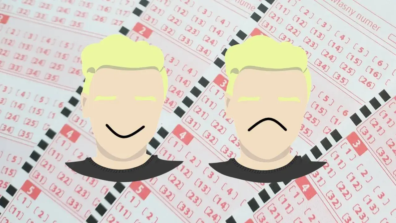 Dwa portrety obok siebie: jeden z uśmiechem, drugi ze smutkiem, na tle kuponów lotto. Czy lottomilionerzy dostają ochronę osobistą od organizatora loterii?