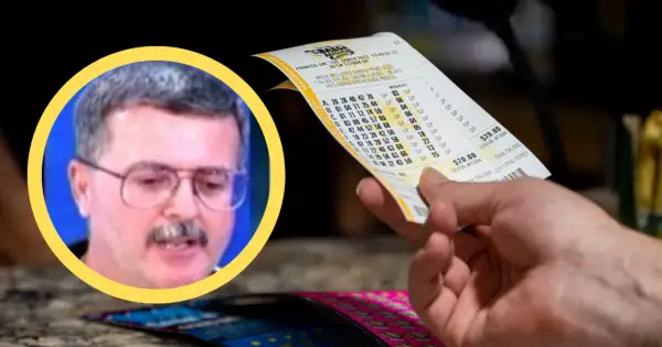 Mężczyzna z wąsami i okularami na tle kuponu lotto. Czy to wyjaśnia, dlaczego lottomilionerzy bankrutują w ciągu 5 lat od wygranej?