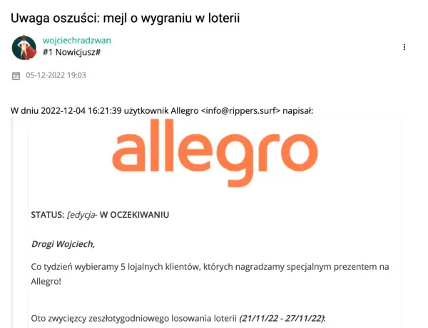 Ostrzeżenie: jak rozpoznać fałszywe maile o wygranej w loterii od zagranicznych agentów. Widoczny email od "rippers.surf" z logo Allegro, informujący o wygranej.