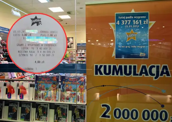 Paragon z gry Lotto i plakat o kumulacji 2 mln zł. W tle półki z książkami i grami, przypominające o największych skandalach z udziałem pracowników kolektur i kradzieży kuponów.