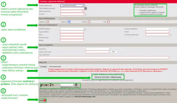 Formularz zgłoszenia reklamacji z polami do wypełnienia i instrukcjami.