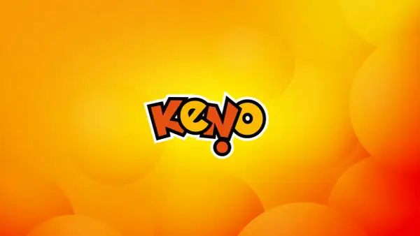 Kolorowa wizualizacja keno wyniki z logo gry na tle gradientu pomarańczowo-żółtego z okręgami.