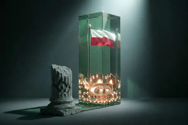 Symboliczny słup i szklana wieża z polską flagą i kasynowymi gadżetami. Dlaczego luksusowe zdrapki za 30 i 50 zł rzadziej dają zwrot kosztów?